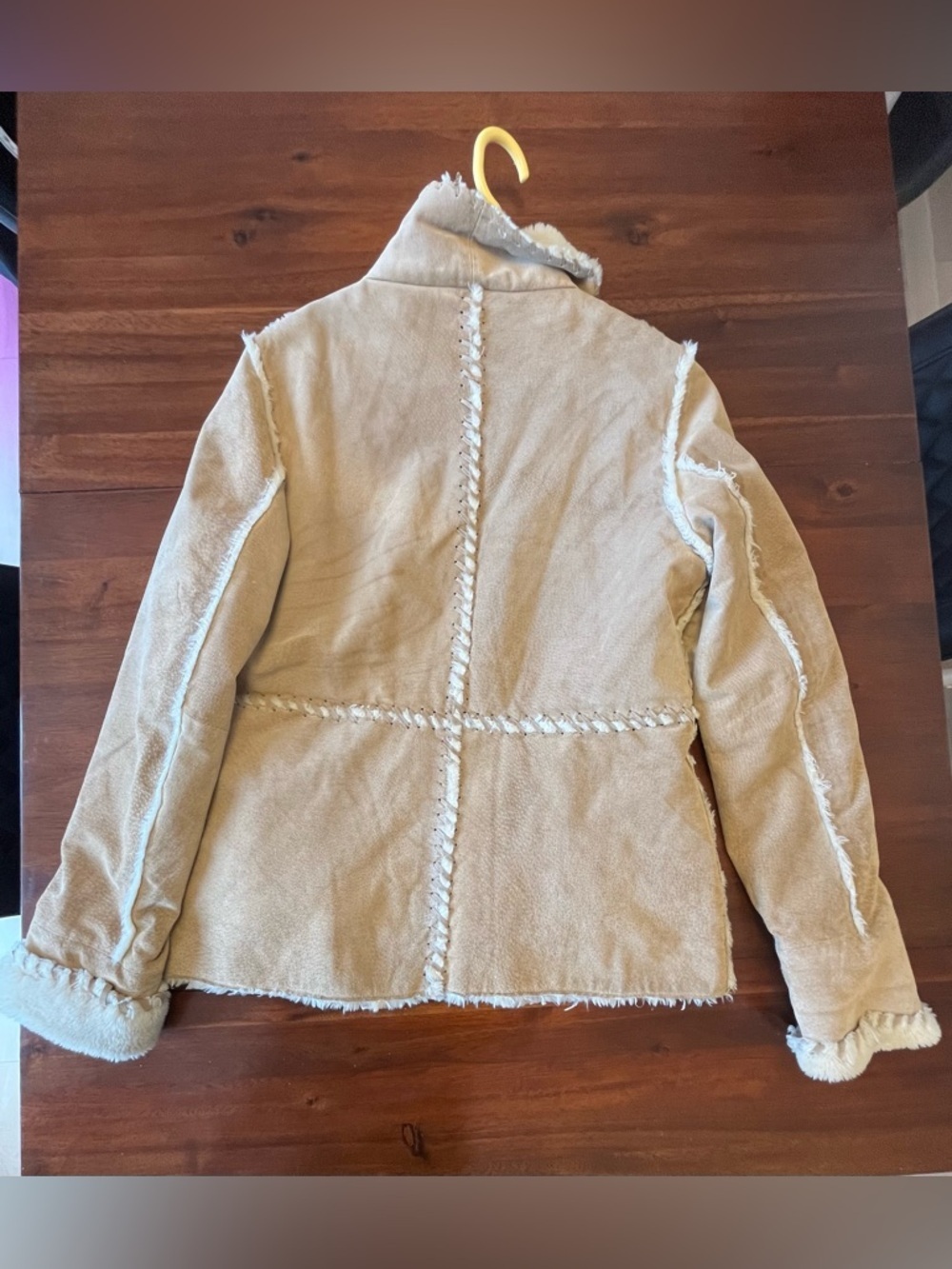 Vintage Y2K leather Sherpa Jacket Shearling Style Coat Aviator Beige Warm - Picture 16 of 16
